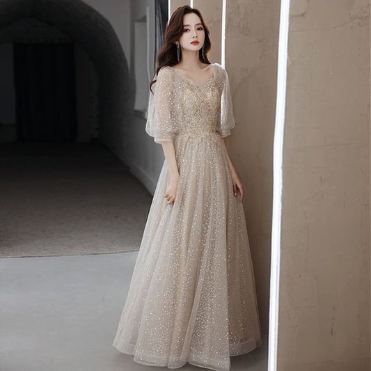 Evening Sweetheart Neckline Sequin Mesh Gown Puff-Sleeve Embroidered A-Line