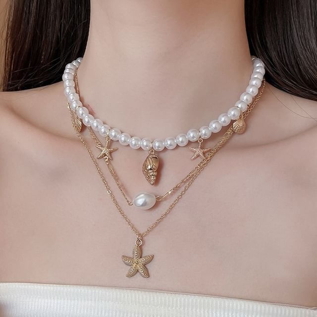 Pearl Necklace Pendant 3: Alloy Choker + Set Faux Starfish of