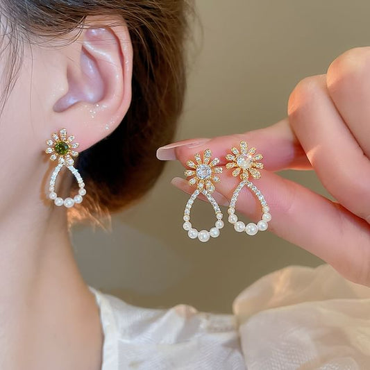 Pearl Drop Alloy Faux Rhinestone Floral Earring