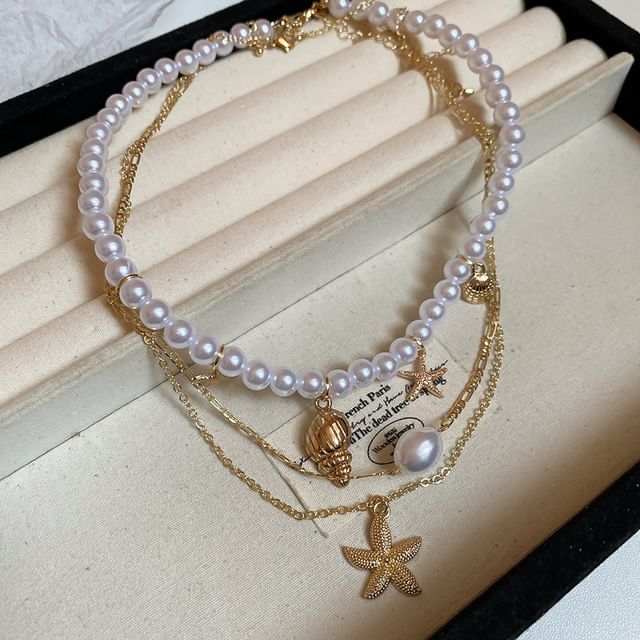 Pearl Necklace Pendant 3: Alloy Choker + Set Faux Starfish of