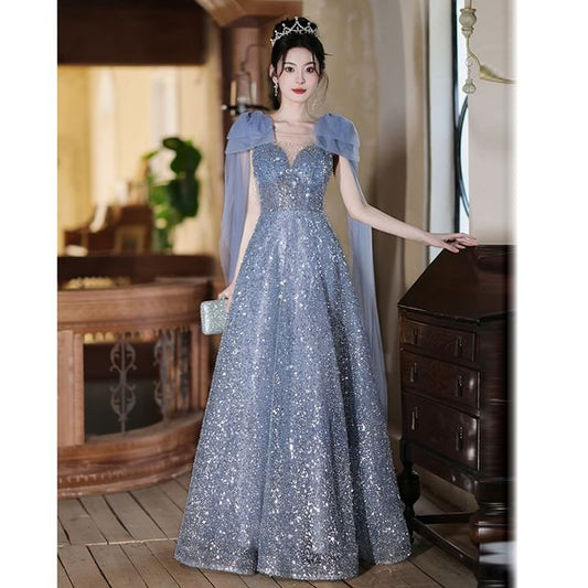 Sheer Evening Gown Sequin Bow A-Line Accent Neck Sleeveless Crew Panel