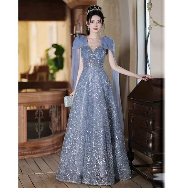 Sheer Evening Gown Sequin Bow A-Line Accent Neck Sleeveless Crew Panel