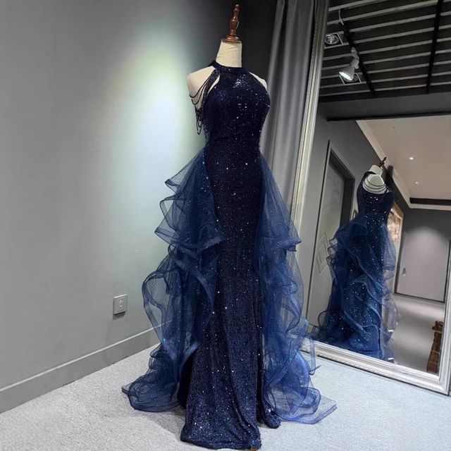 Neck Mesh Halter Mermaid Panel Sequin Gown Trained Evening