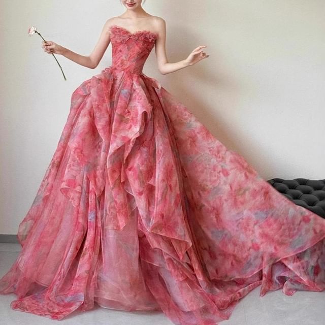 Gown Ball Layered Strapless Floral Print