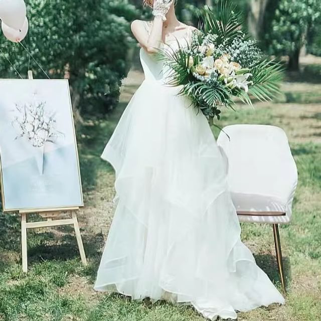 A-Line V-Neck Strap Gown Spaghetti Wedding Plain