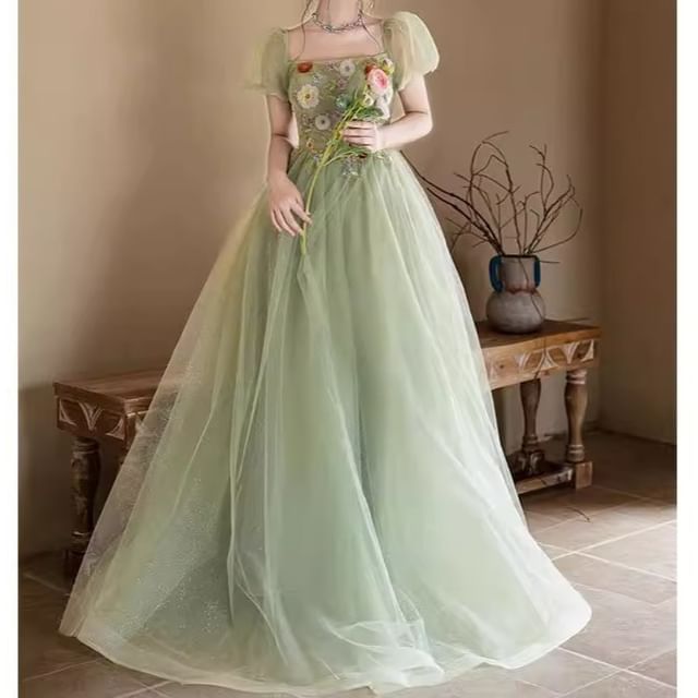 Sequin Square Puff-Sleeve Neck Floral Evening Embroidered Gown A-Line