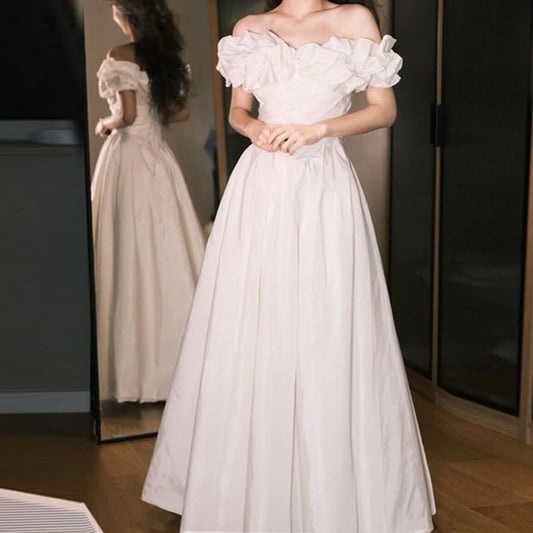 Ruched Plain Off-Shoulder Wedding Gown A-Line Satin