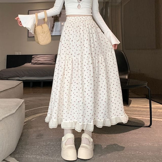 Waist A-Line Elastic Floral Midi Skirt