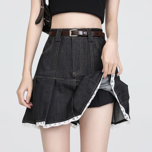 Denim Waist Lace Pleated Trim High Skort