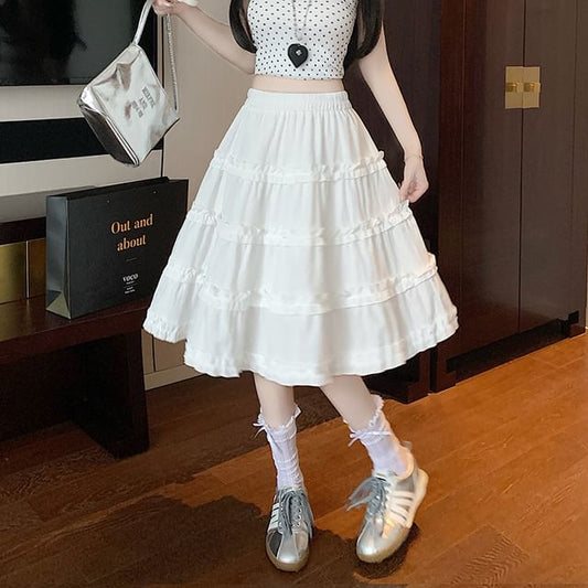 Plain Ruffle Waist Elastic Tiered A-Line Trim Skirt