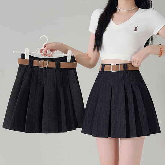 Pleated Waist Skirt Denim Mini A-Line High