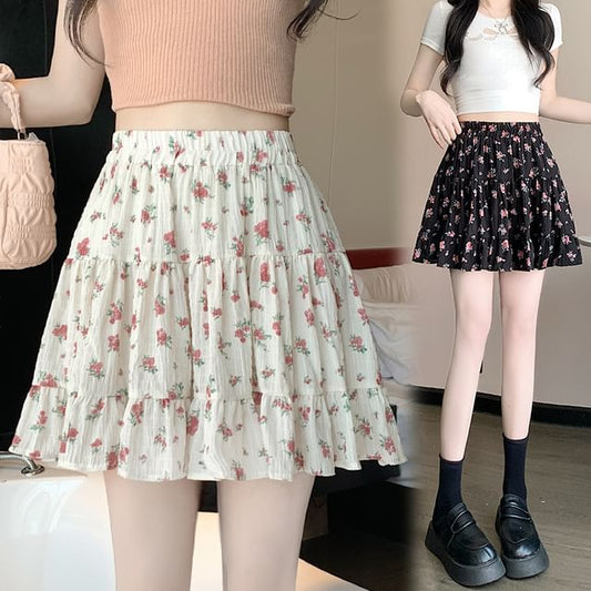 Waist Mini Skirt Elastic A-Line Tiered Floral