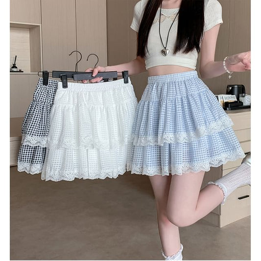 Tiered Skirt Plaid Waist Mini Trim A-Line Elastic Lace