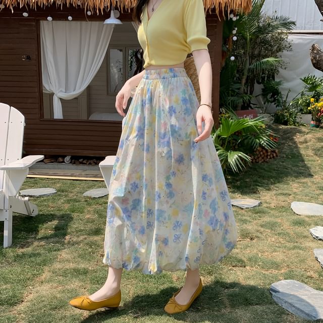 A-Line Elastic Waist Skirt Floral Midi