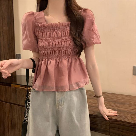 Square Ruched Plain Peplum Short-Sleeve Blouse Neck