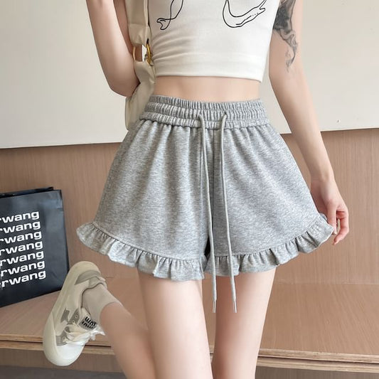 Ruffle Drawstring Waist Shorts Trim Sweat