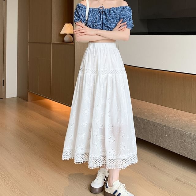 Skirt Designs) Midi Elastic A-Line Embroidered Waist Plain (Various