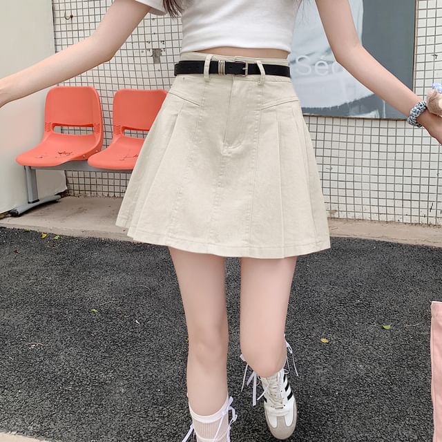 Denim A-Line Skirt High Pleated Mini Rise