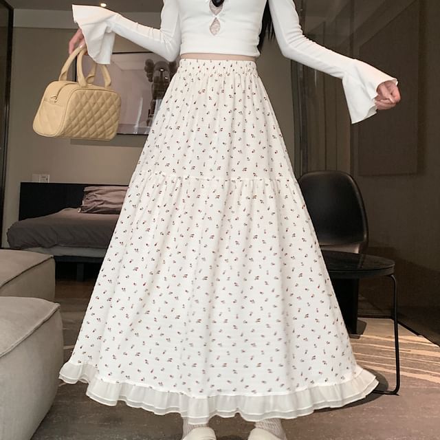 Waist A-Line Elastic Floral Midi Skirt