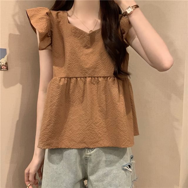 Peplum Cap-Sleeve Blouse Plain