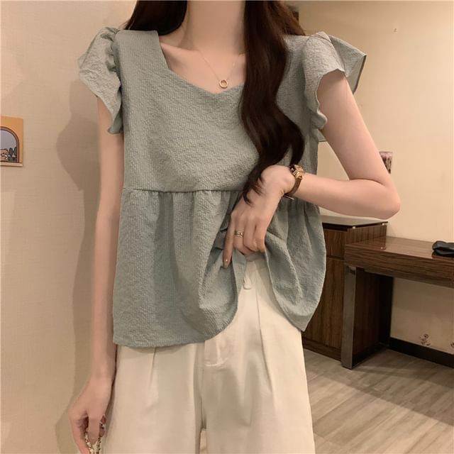 Peplum Cap-Sleeve Blouse Plain