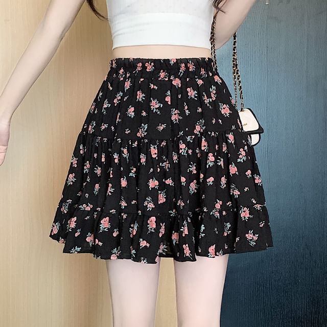 Waist Mini Skirt Elastic A-Line Tiered Floral