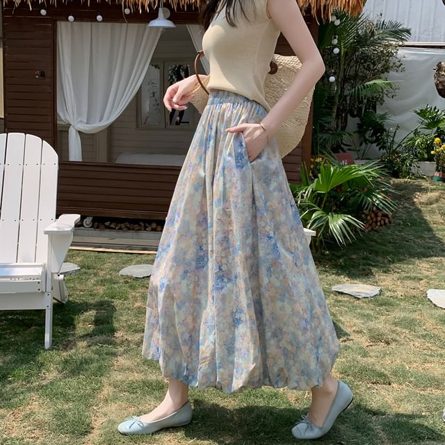 A-Line Elastic Waist Skirt Floral Midi