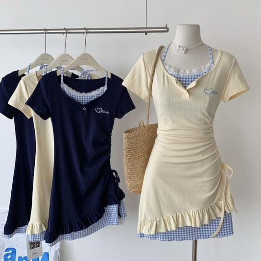 Short-Sleeve Scoop Mock Sheath Mini Panel Neck Drawstring Dress Heart Two-Piece Plaid Embroidered