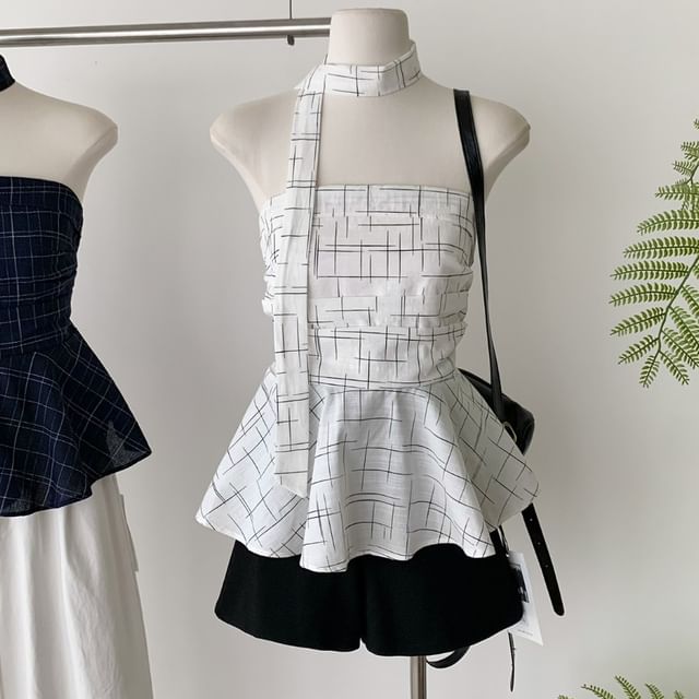 Tube Top Scarf + Skinny Peplum Plaid Set: