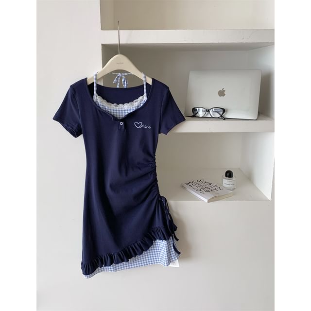 Short-Sleeve Scoop Mock Sheath Mini Panel Neck Drawstring Dress Heart Two-Piece Plaid Embroidered