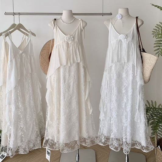 A-Line Spaghetti Maxi Lace V-Neck Strap Dress