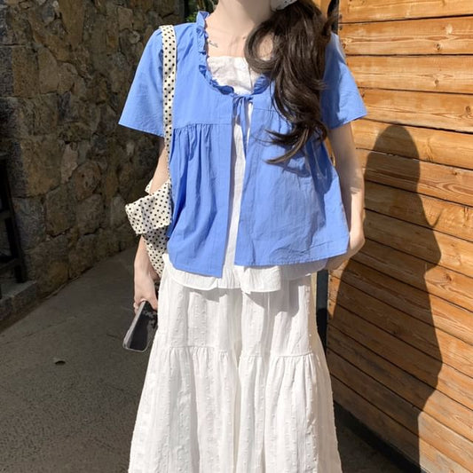 High Mock / Two Two-Piece Waist Short-Sleeve Tone Top Maxi