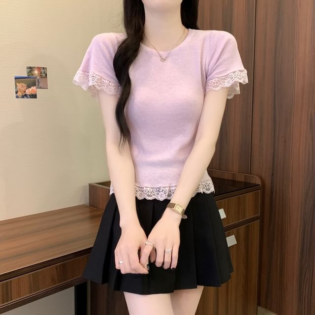 Trim Plain Tee Lace Short-Sleeve Crewneck