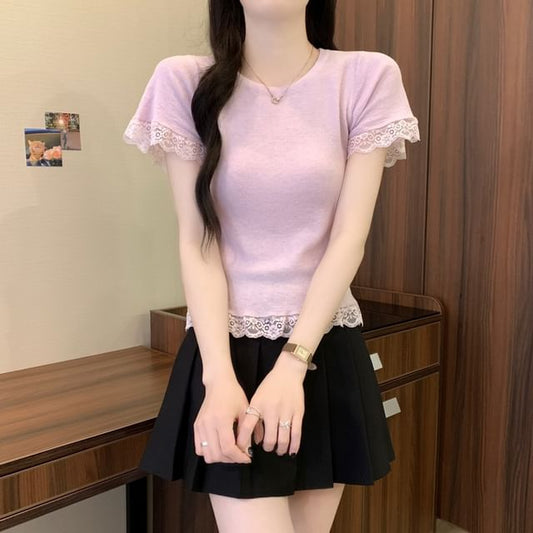Trim Plain Tee Lace Short-Sleeve Crewneck