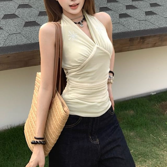 Crop Top V-Neck Rhinestone Sleeveless