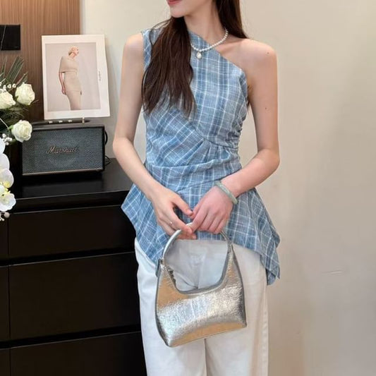 Asymmetrical Top Plaid Sleeveless