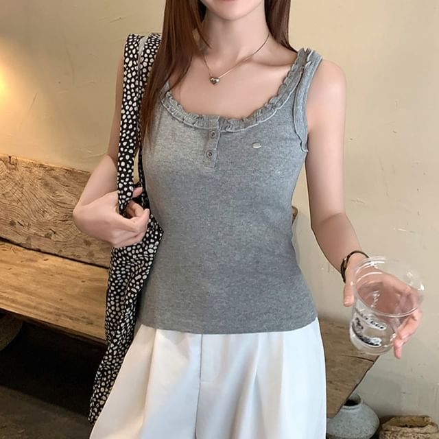 Crewneck Top Trim Plain Frill Tank