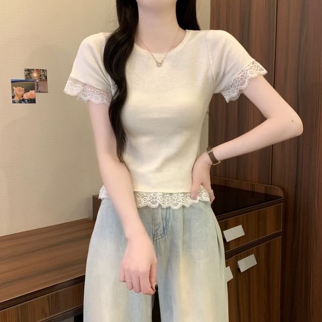Trim Plain Tee Lace Short-Sleeve Crewneck