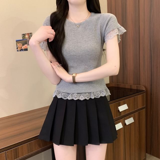 Trim Plain Tee Lace Short-Sleeve Crewneck
