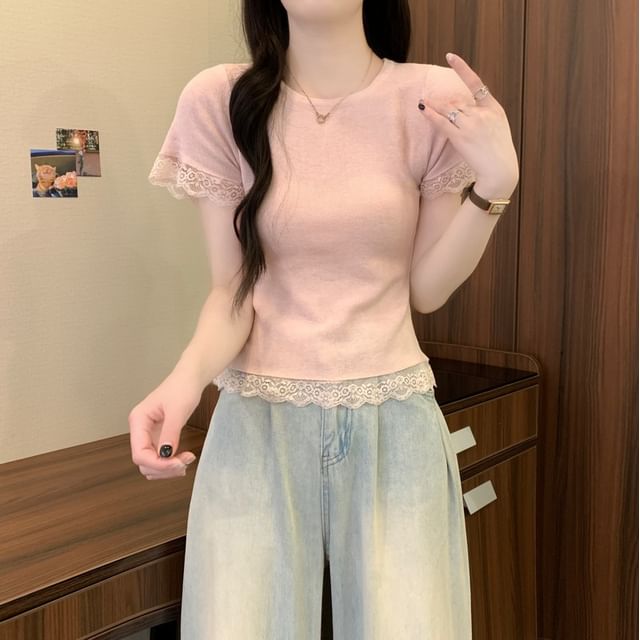 Trim Plain Tee Lace Short-Sleeve Crewneck