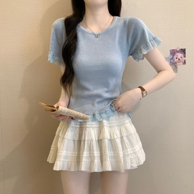 Trim Plain Tee Lace Short-Sleeve Crewneck