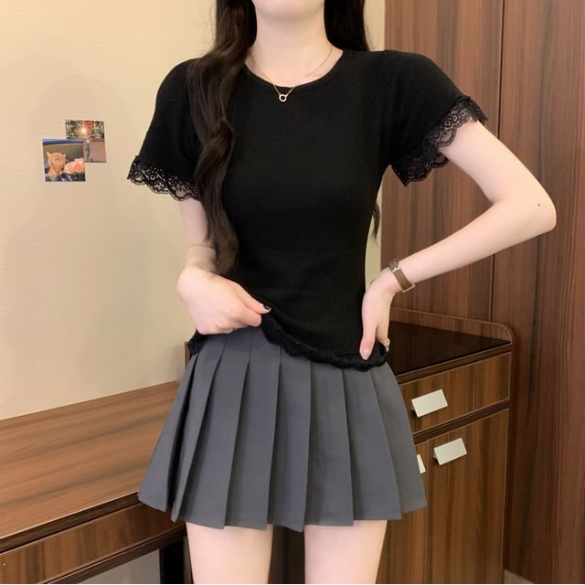 Trim Plain Tee Lace Short-Sleeve Crewneck