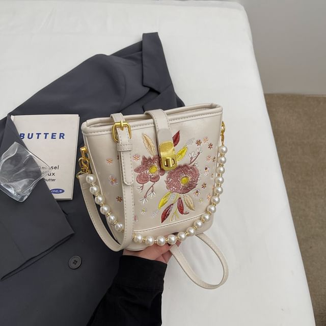 Pearl Bucket Embroidered Bag Strap Floral Faux