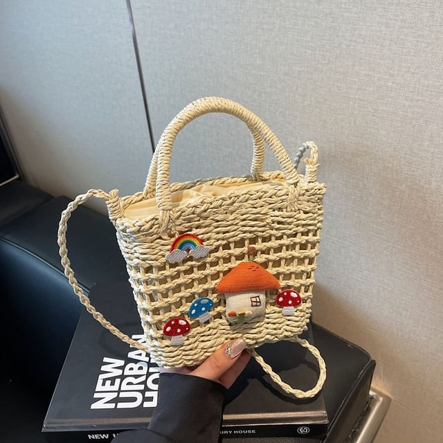 Applique Handle Crossbody Straw Mushroom Bag Top