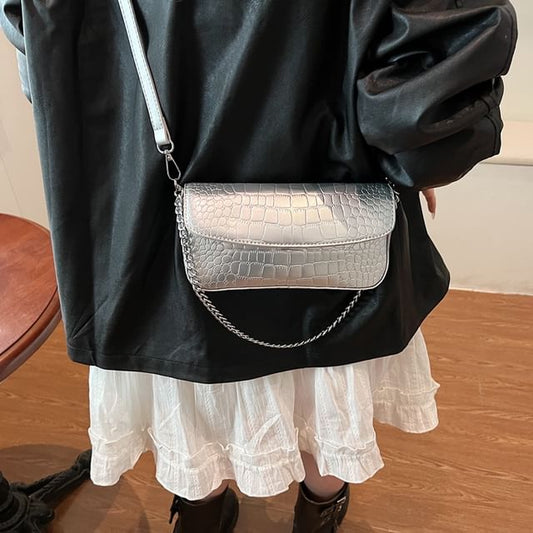 Crossbody Faux Bag Leather Chain Strap Textured Flap