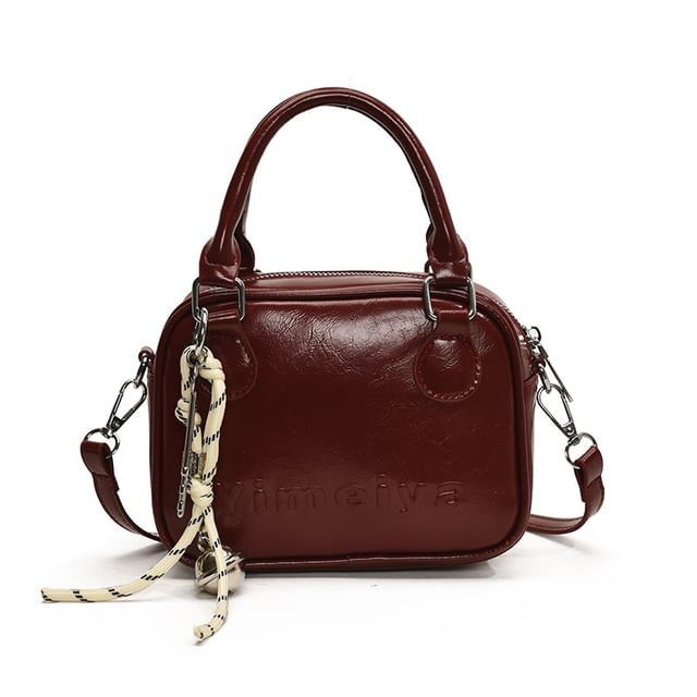 Leather Lettering Handle Crossbody Top Bag Faux