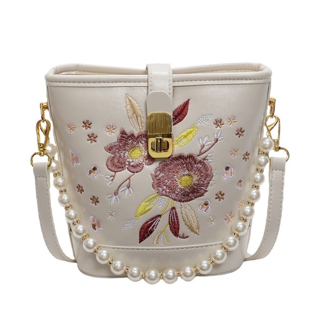 Pearl Bucket Embroidered Bag Strap Floral Faux