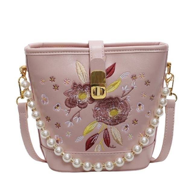 Pearl Bucket Embroidered Bag Strap Floral Faux