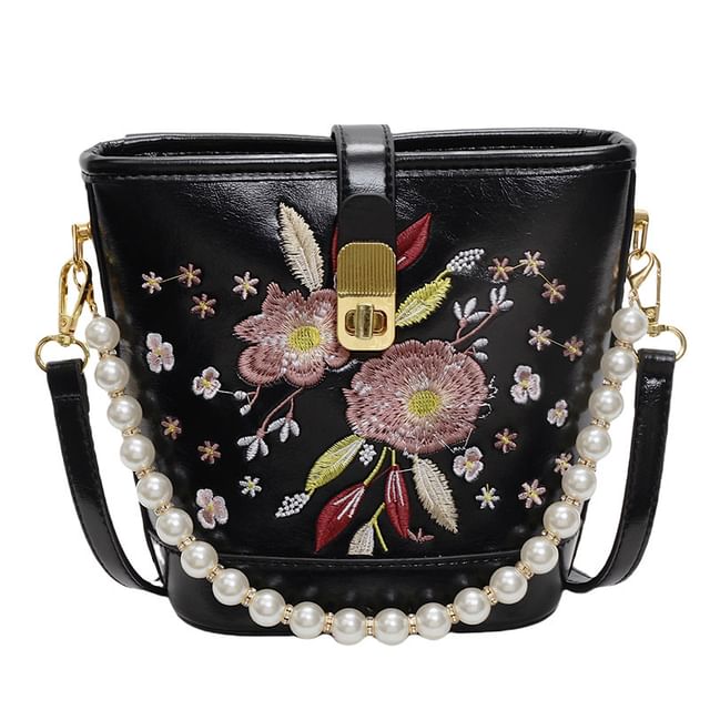 Pearl Bucket Embroidered Bag Strap Floral Faux