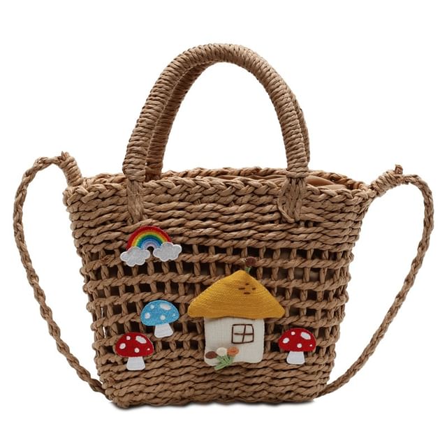 Applique Handle Crossbody Straw Mushroom Bag Top